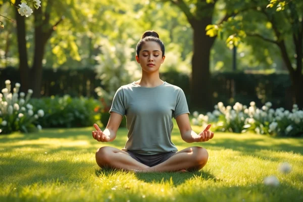 Embrace mental wellness in a serene garden with an individual practicing mindfulness.