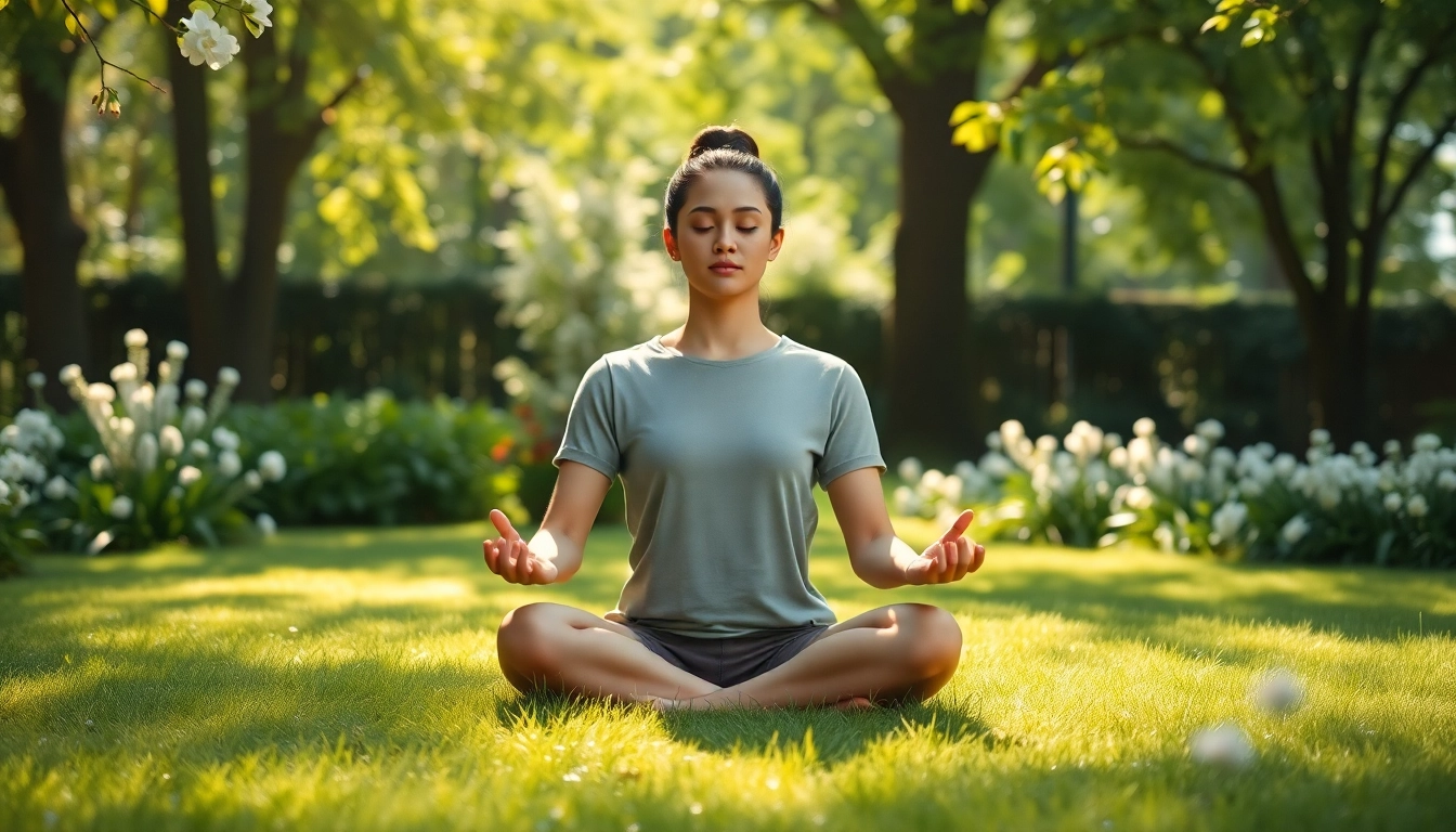 Embrace mental wellness in a serene garden with an individual practicing mindfulness.