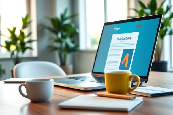 Design a visually appealing hubspot marketing email on a vibrant laptop in a modern workspace.