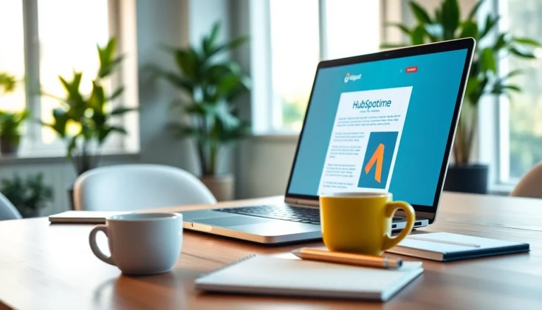 Design a visually appealing hubspot marketing email on a vibrant laptop in a modern workspace.