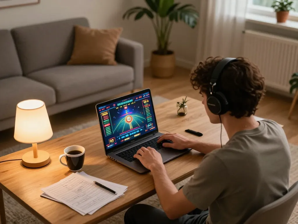 Player engaging in online casino games at home on laptop, showcasing their strategic approach to sunwin gaming