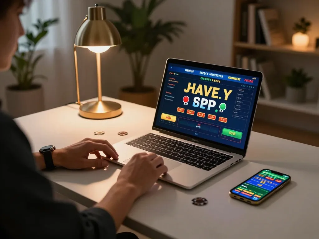 Engaging in live gaming on https://shbet.id/ at a stylish home desk, highlighting online casino excitement.