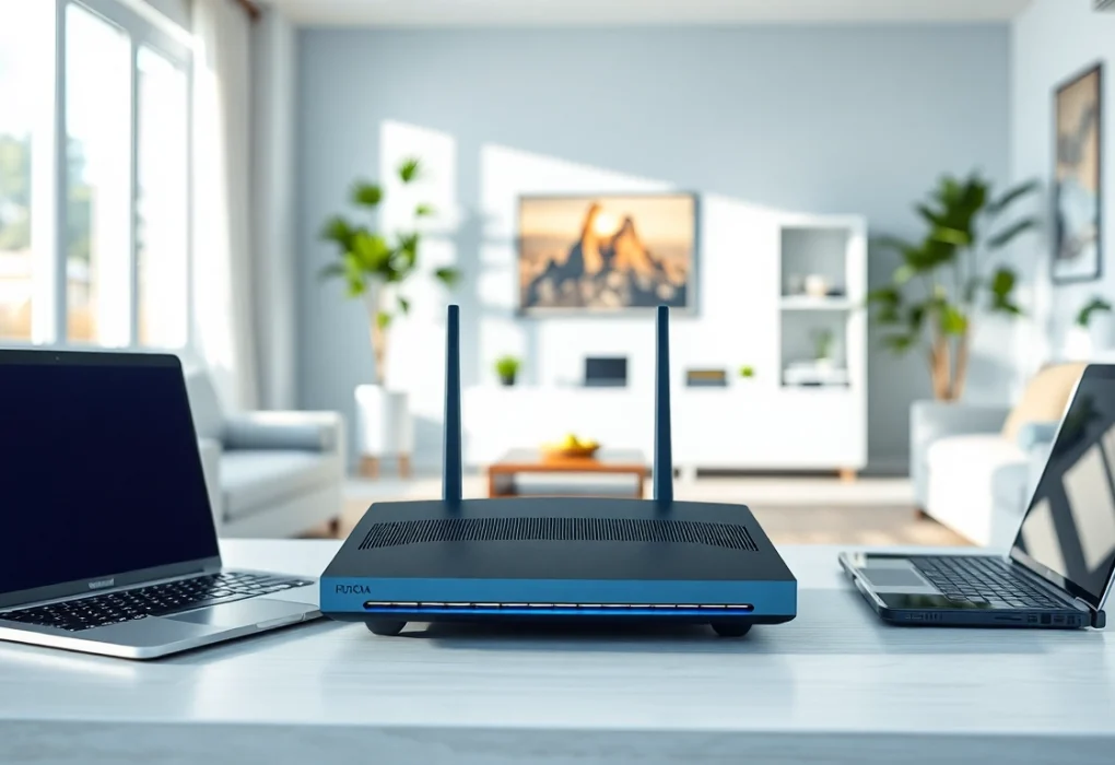 Setting up a vpn router for home with smart devices in a modern living room.