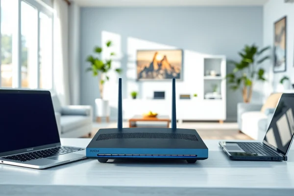 Setting up a vpn router for home with smart devices in a modern living room.