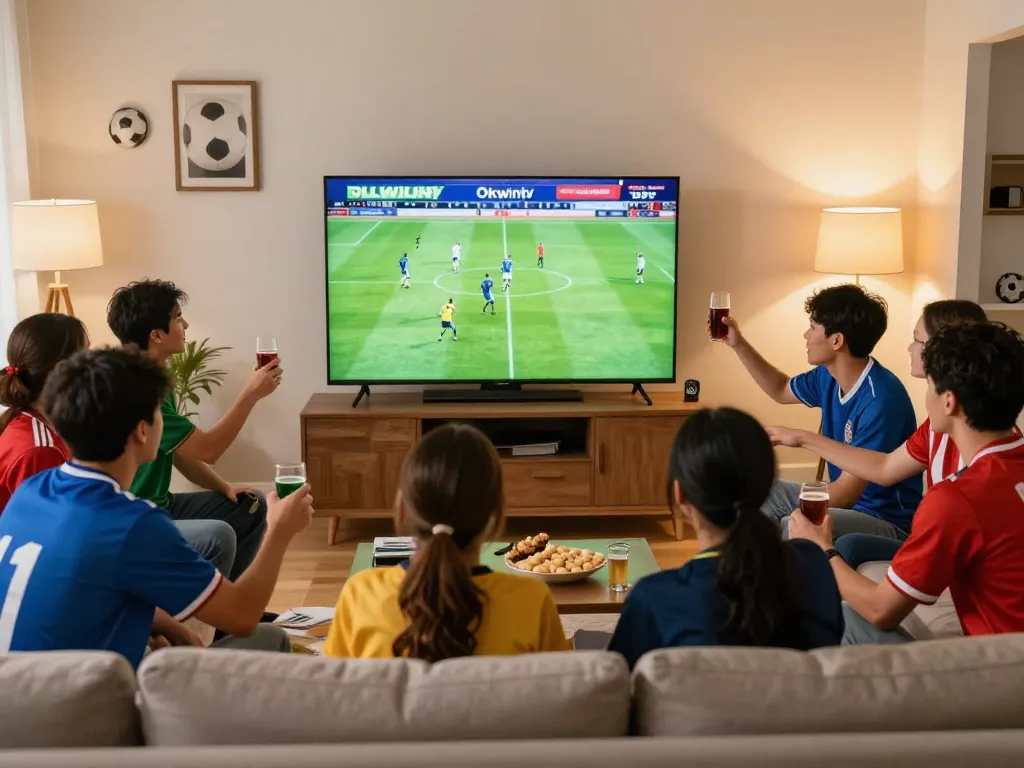 Friends watching an Okwintv football match in a cozy living room