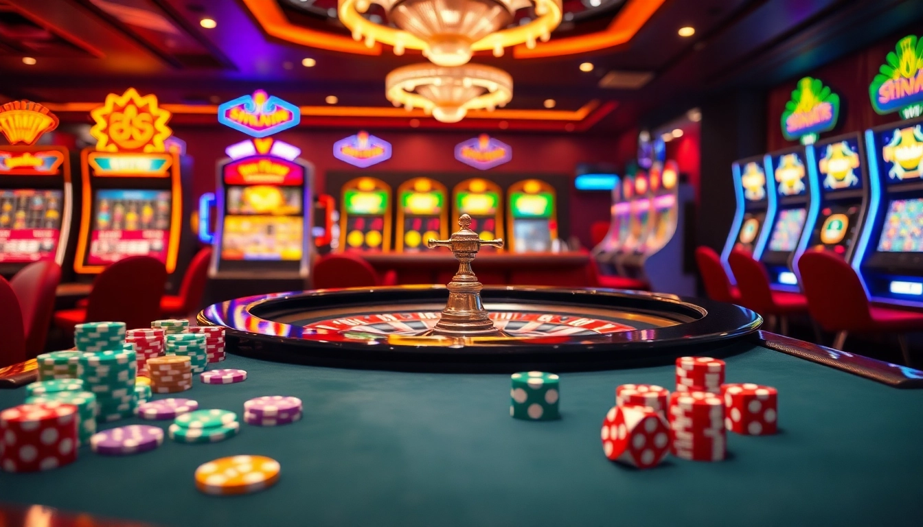 Experience the excitement of 23win with vibrant casino games, roulette tables, and poker chips.