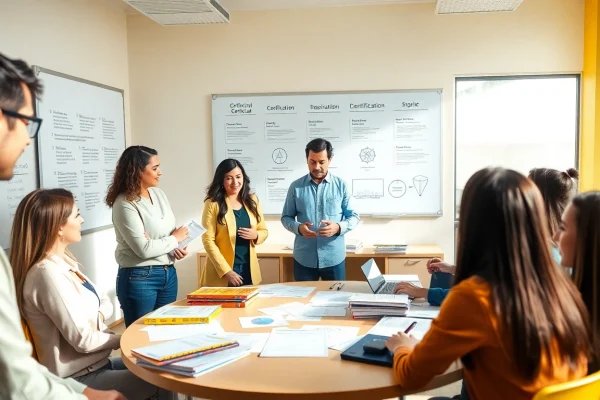 Certification help providers facilitating an interactive learning session in a bright classroom environment.