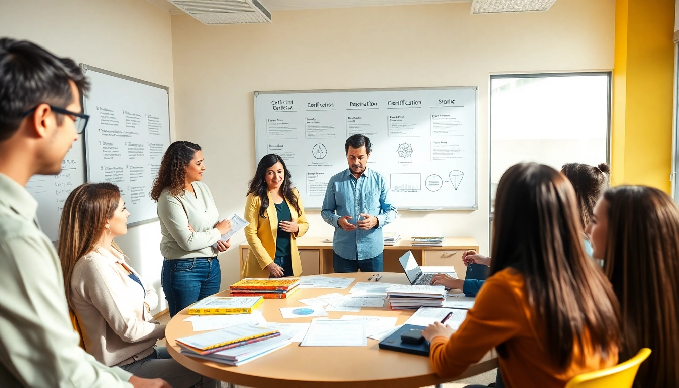 Certification help providers facilitating an interactive learning session in a bright classroom environment.