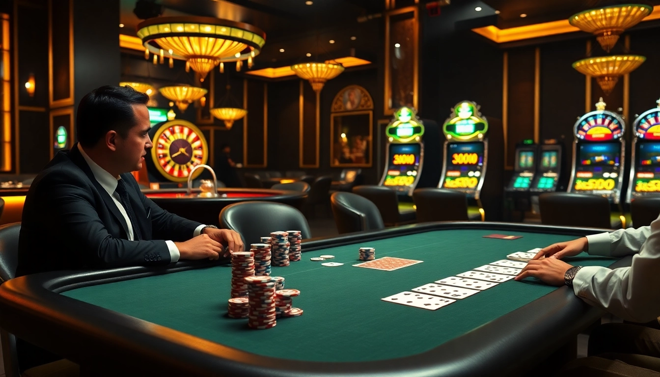 Players experiencing the thrill of poker at https://red88.br.com/ with colorful chips and cards in a luxurious setting.