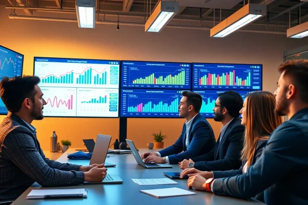 Analyze your SEO Rank with an engaged digital marketing team in a modern workspace.