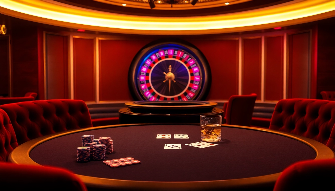 Engaging casino scene depicting Goal123 table games with poker chips and a roulette wheel.