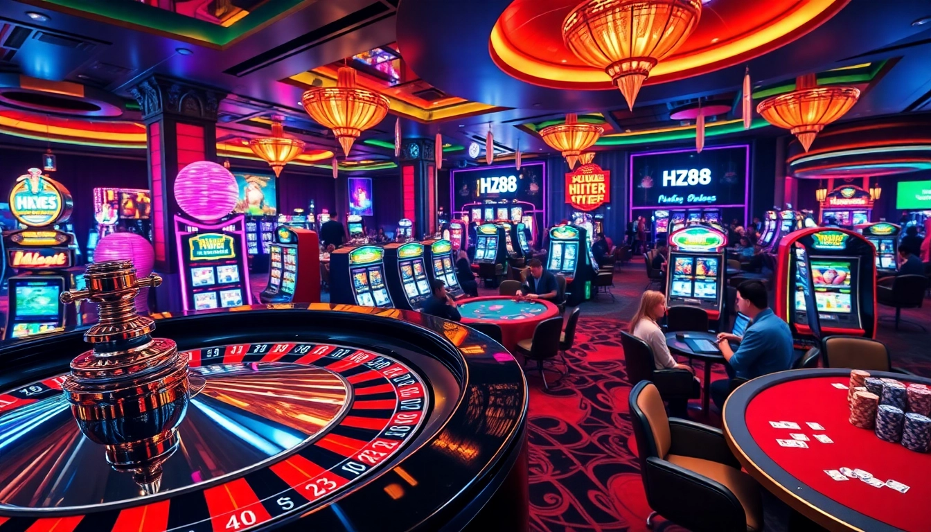 Experience the excitement of HZ88 with vibrant casino visuals featuring roulette wheels and poker chips.