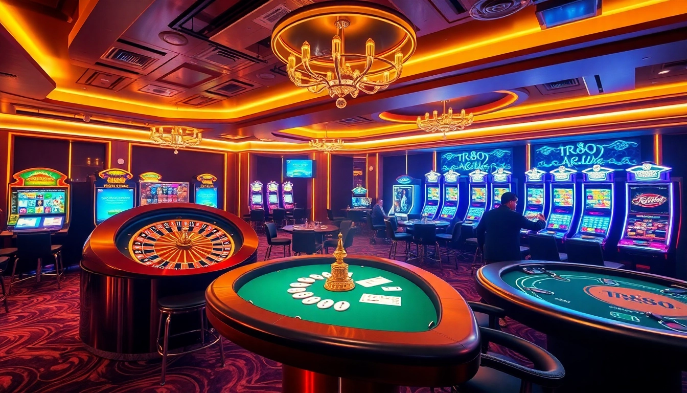 Experience the excitement of tr88 new in a vibrant online casino with spinning roulette and flashing slot machines.