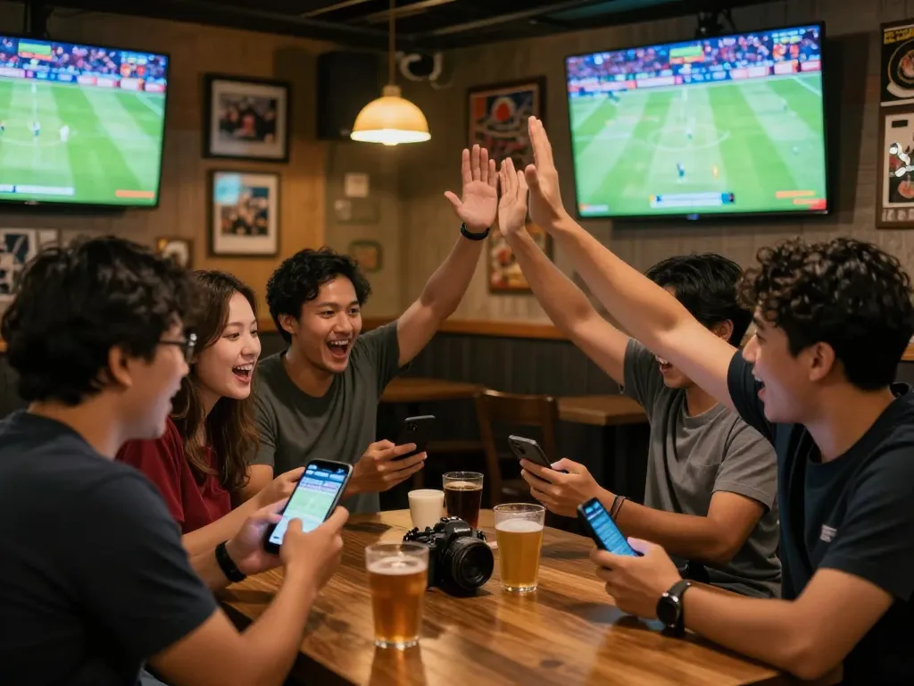Enthusiasts engaging in Taruhan Bola betting during a live football match at a sports bar.