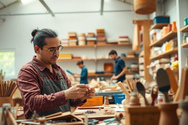 Artisans engaging in hands-on craft training programs in a vibrant workshop setting.