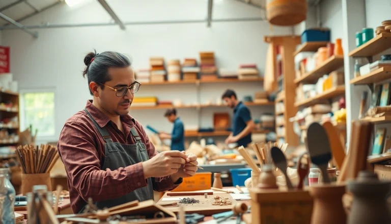 Artisans engaging in hands-on craft training programs in a vibrant workshop setting.