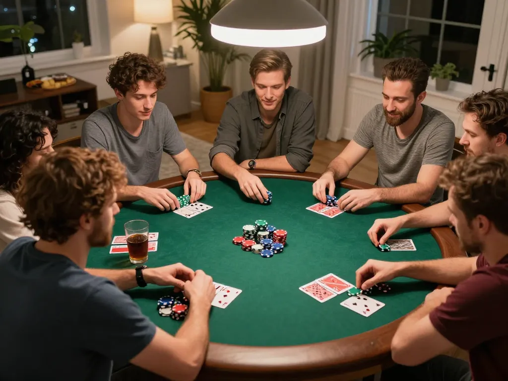 Friends enjoying a poker game at home, highlighting the shbet experience of social gambling in a cozy environment