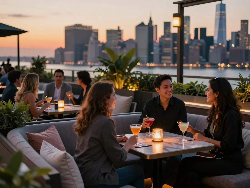 Nohu rooftop bar scene with guests enjoying cocktails and socializing overlooking the skyline.