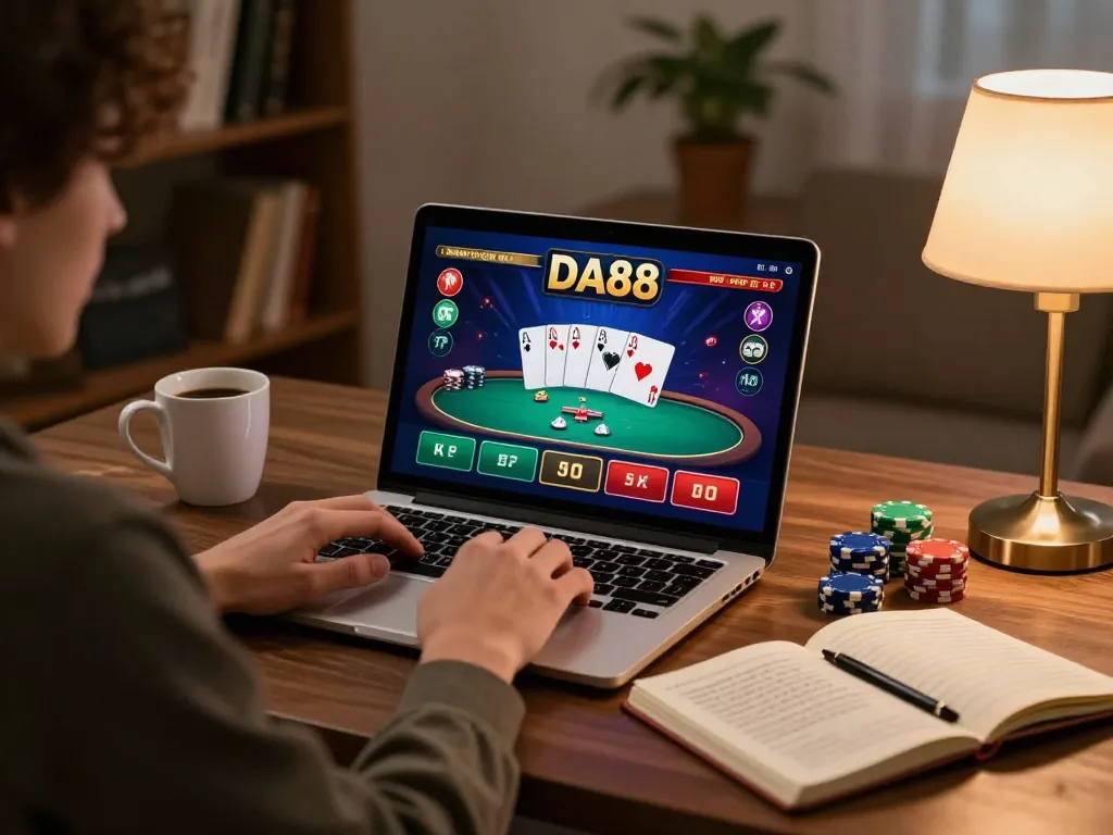 Player engaging in strategic online gaming on DA88, featuring a bright poker interface and cozy setup.