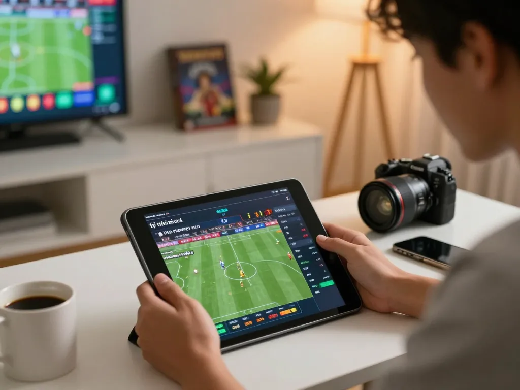 Tỷ lệ kèo nhà cái shown on a tablet during live sports betting from a cozy home office.