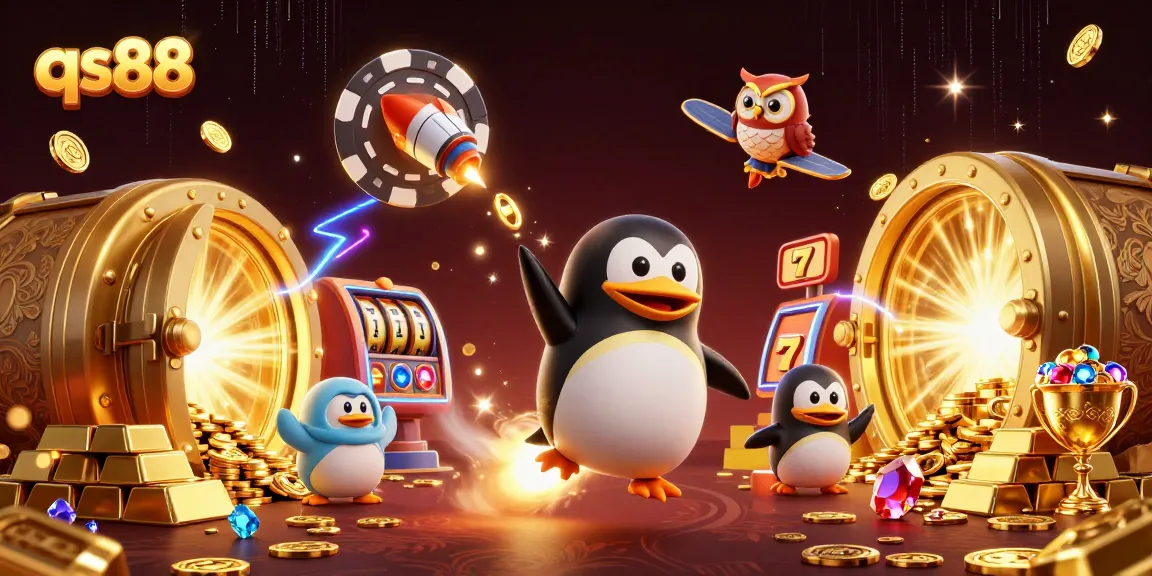 Engage with qs88's vibrant casino scene featuring a golden penguin and diverse jackpot elements.