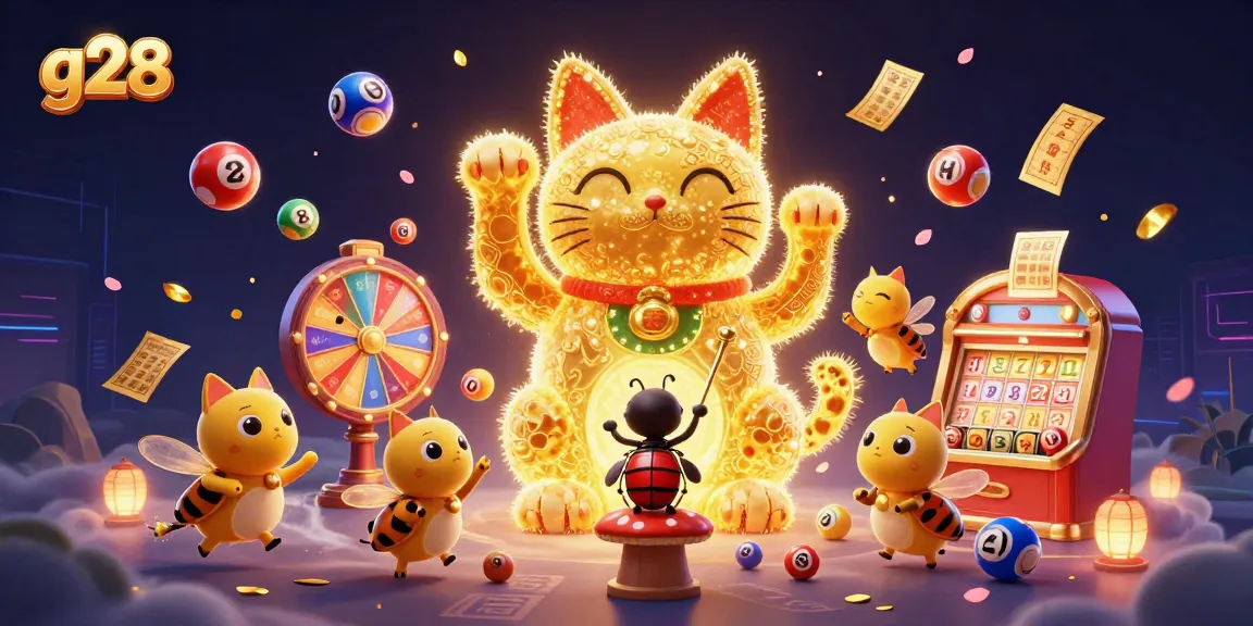 Engage with g28 through vibrant lottery elements and a mystical lucky cat illustration.