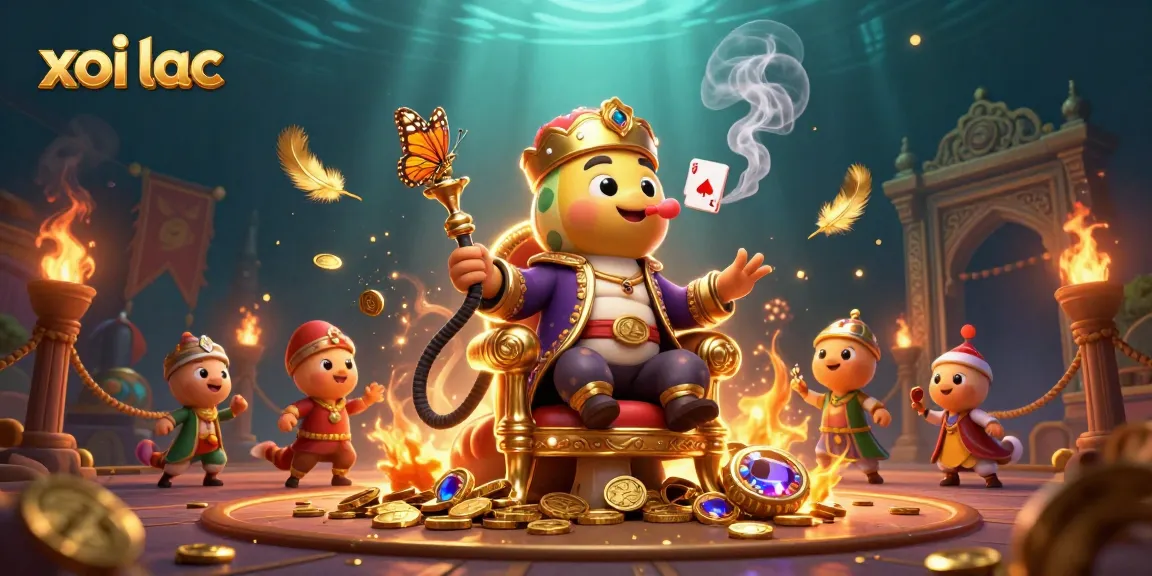 Xoi lac casino scene featuring a caterpillar master with poker hand smoke, golden coins swirling.