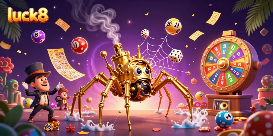 Win big with luck8 as the golden spider catches dice in its web amid colorful lottery chaos.