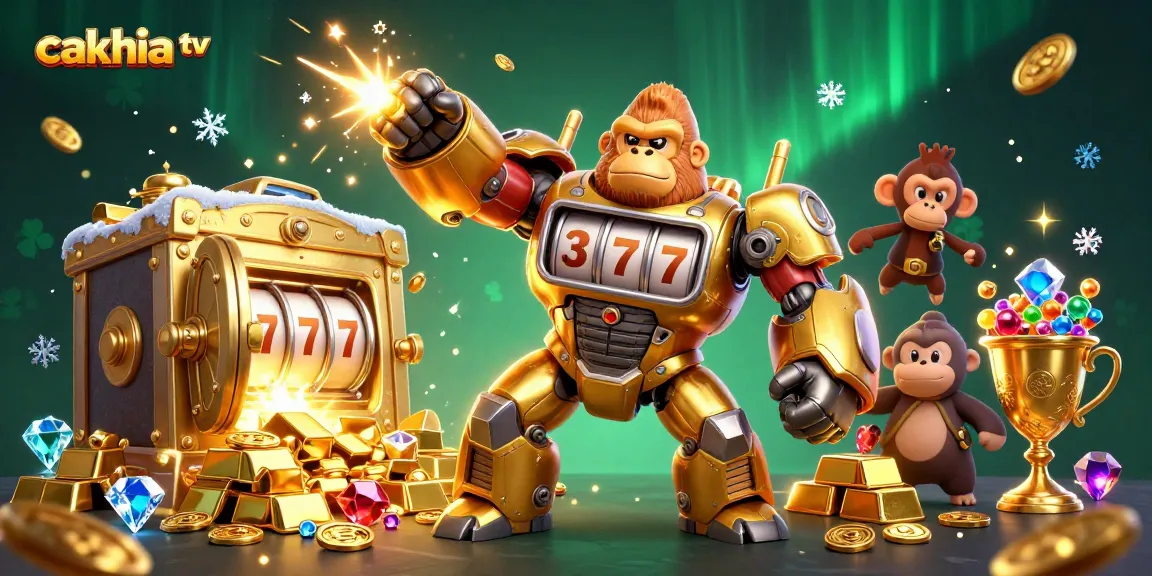 Cakhia tv showcases thrilling gameplay with a golden gorilla mech smashing jackpots while surrounded by a treasure explosion