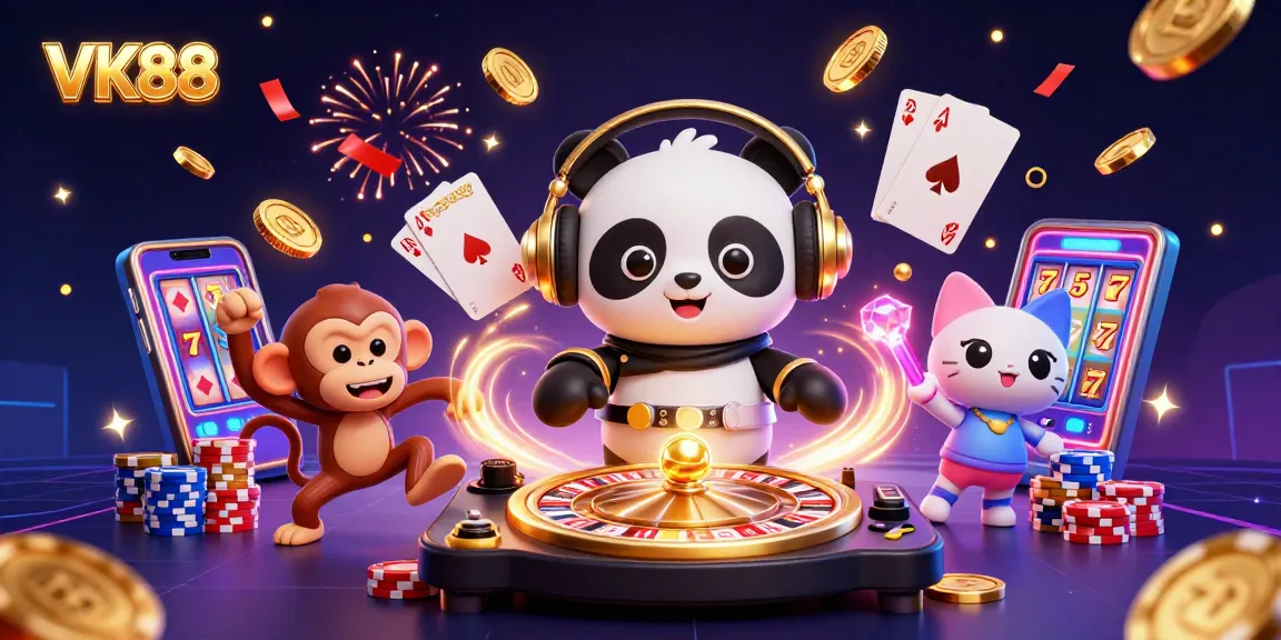 Experience the excitement with VK88 as our DJ panda spins while coins cascade in a vibrant casino party.