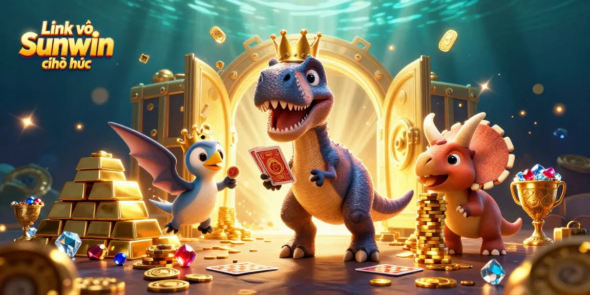 Experience the thrill of winning with Link vào Sunwin chính thức as a T-Rex shuffles cards, surrounded by treasures.