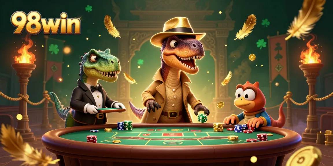 Experience thrilling gaming at 98win with a dynamic 3D illustration of card counters and casino excitement.