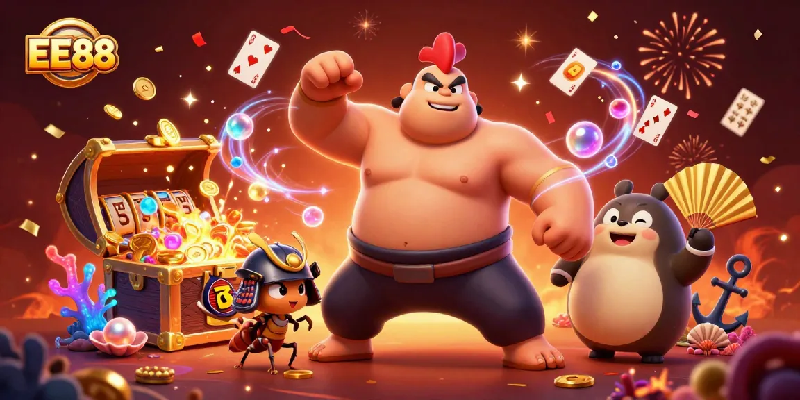 EE88 promo image showcasing a powerful sumo wrestler rooster and samurai cricket in a vibrant casino setting.