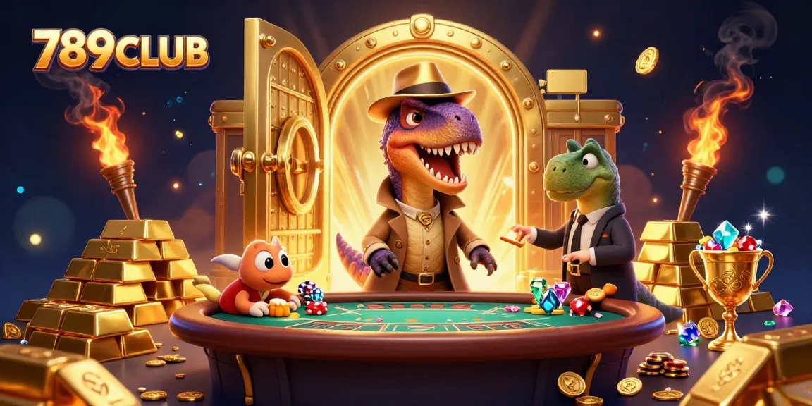 Engage with 789CLUB's dynamic gaming experience featuring animated casino characters and vibrant treasure elements.