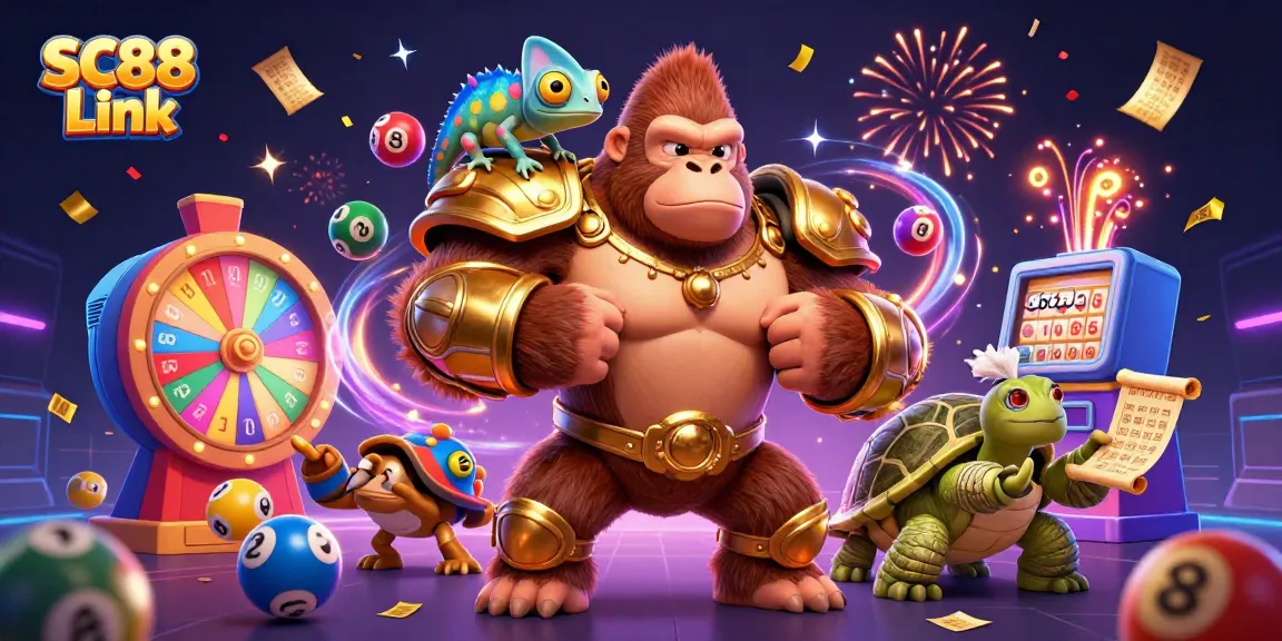 Experience the excitement of gaming at SC88 Link, featuring a king gorilla amidst vibrant lottery balls and confetti.