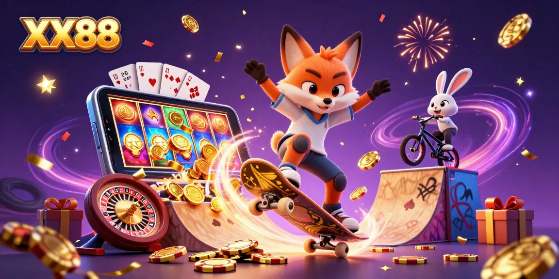 Experience the excitement of XX88 with a thrilling scene of a fox and rabbit in a vibrant casino atmosphere.