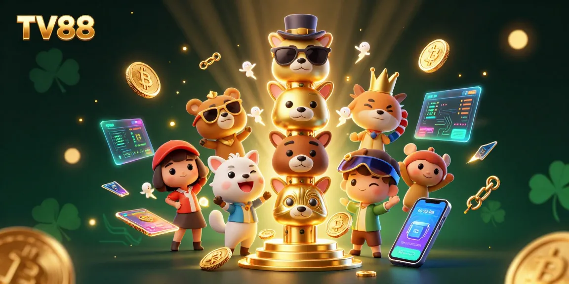 Engage with TV88 in this vibrant 3D casino illustration showcasing crypto and gaming elements.