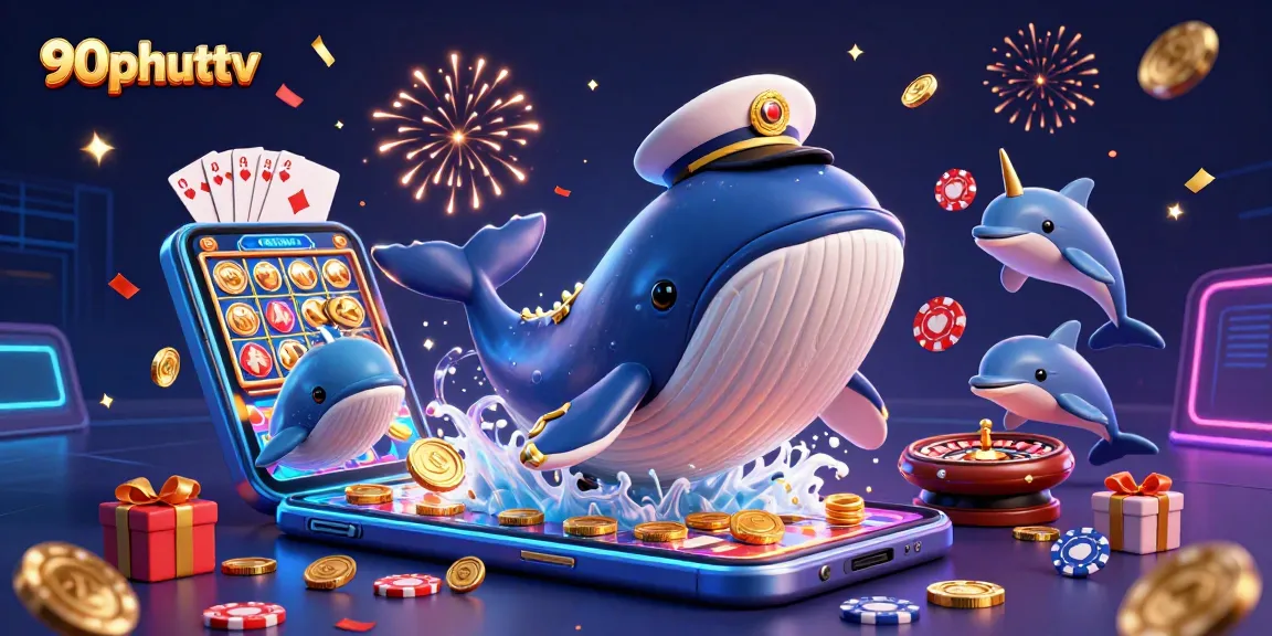 Experience the excitement of 90phuttv as the whale breaches through a sea of coins in this vibrant casino scene.