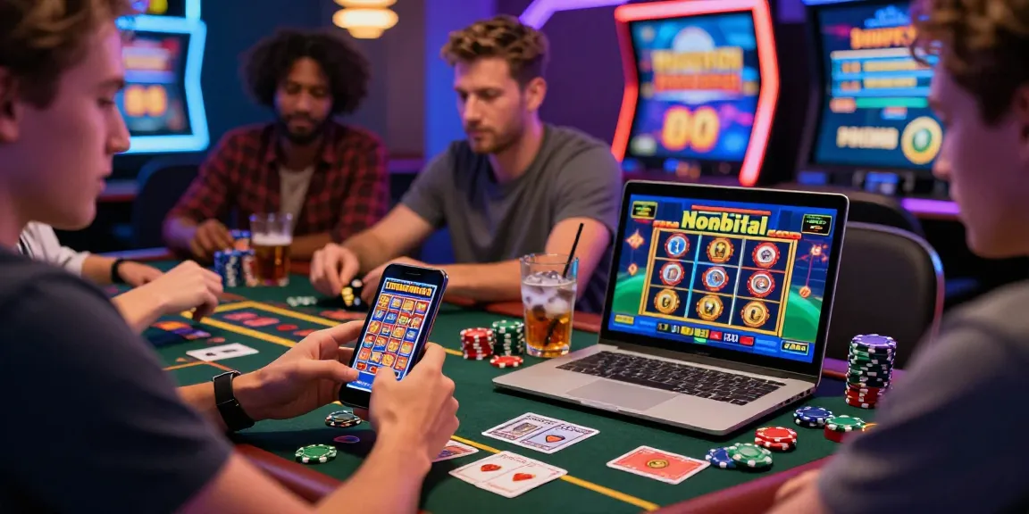 Engaging players at credit card casinos enjoying games on devices surrounded by colorful casino elements.