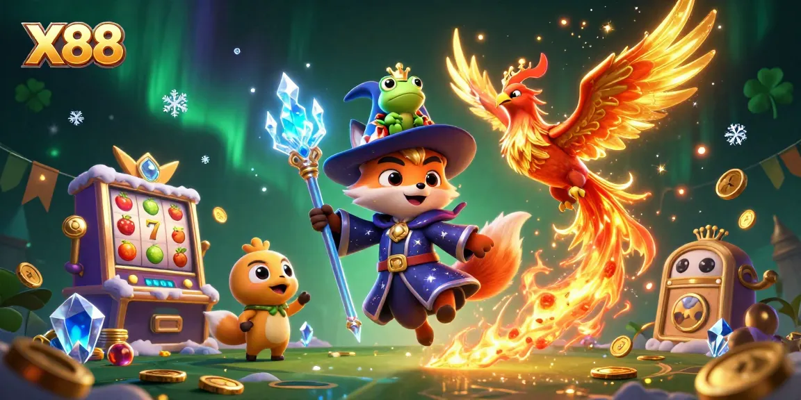 X88 players enjoy thrilling slot action amid a magical scene featuring a wizard fox, phoenix, and vibrant gambling elements.