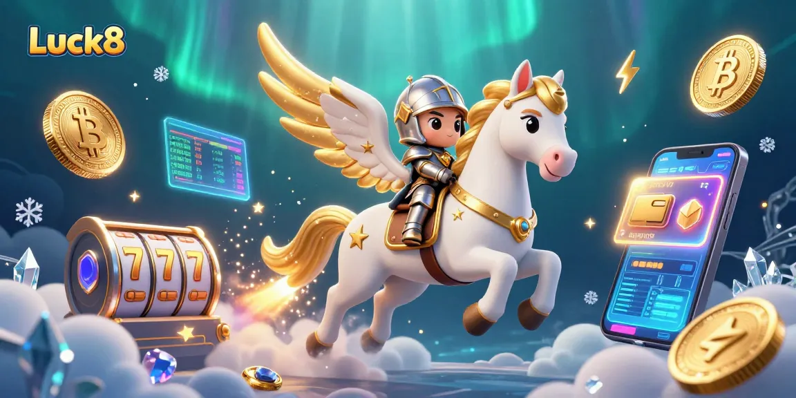 Engage with Luck8's vibrant gaming choices featuring a celestial horse and crypto elements in a captivating 3D scene.