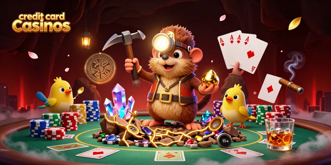 Engage in thrilling gameplay at credit card casinos with a treasure hunter mole surrounded by poker excitement.