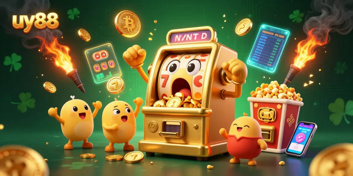 uy88 engages players with a lively golden slot machine winning a jackpot in this vibrant gaming scene.