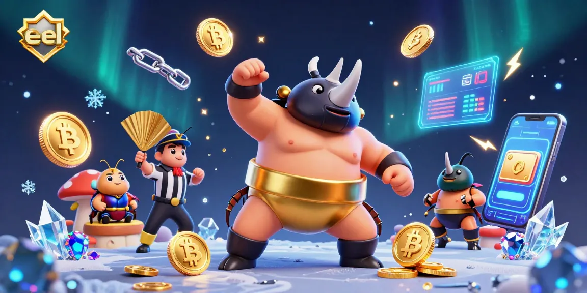 Eel-themed illustration showing a beetle champion celebrating with flying coins in a vibrant casino scene