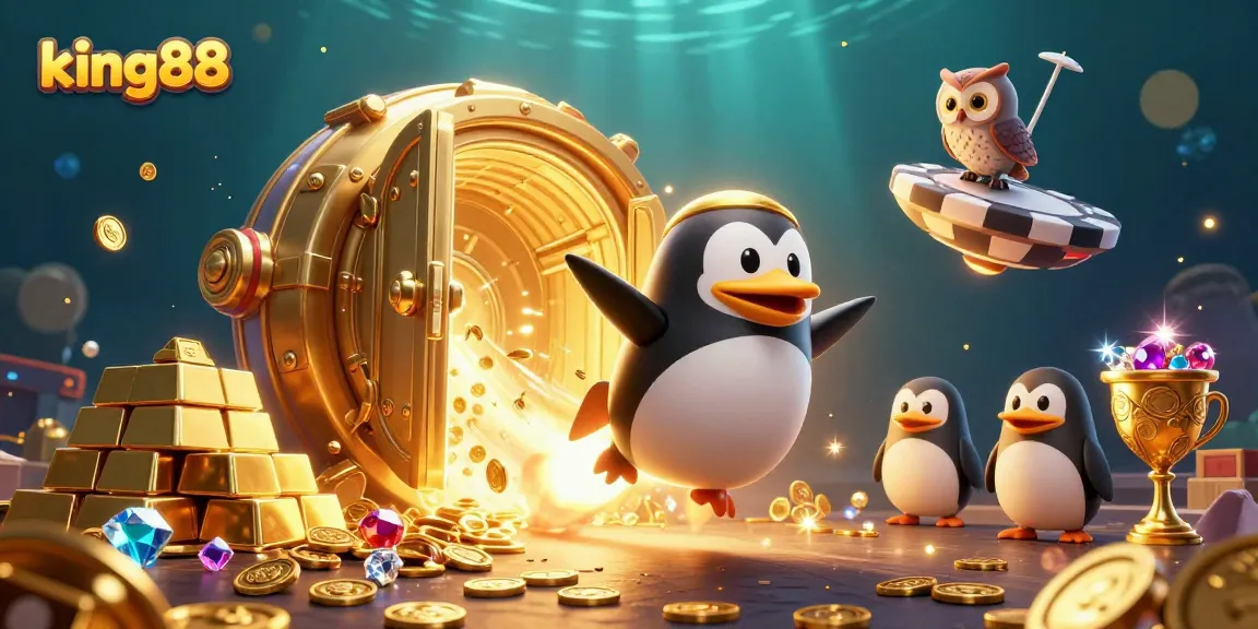 Experience exhilarating wins at king88 with a golden penguin racing towards a treasure-filled casino universe.