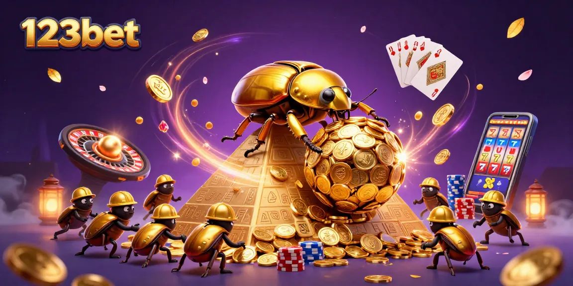 Experience exhilarating wins with the 123bet golden dung beetle rolling coins in a vibrant casino scene.