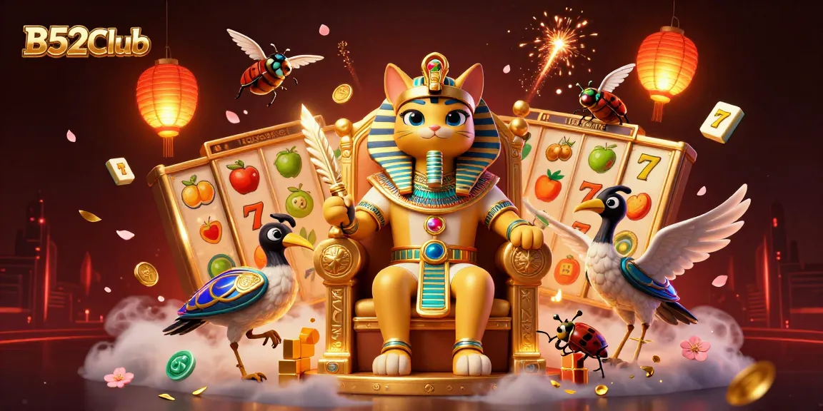 B52Club offers thrilling slots with an Egyptian theme, featuring a pharaoh cat and mystical elements.