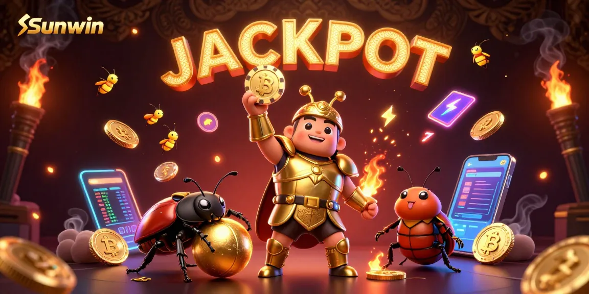 Engage in fun with Sunwin's charismatic characters, joining a jackpot celebration in a vibrant digital casino.