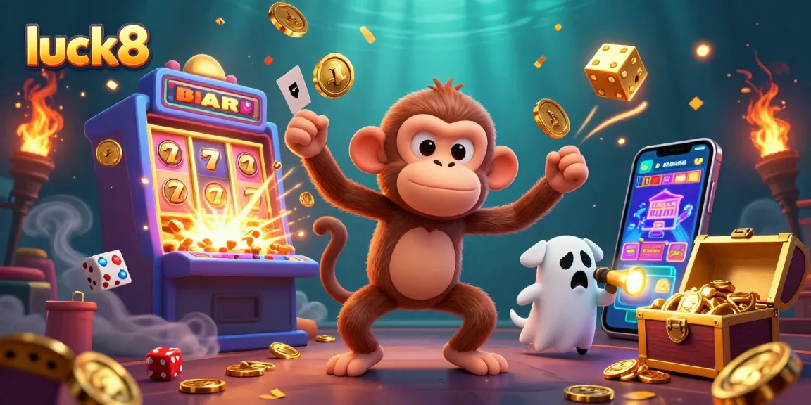 Experience the thrill of luck8 with a playful poltergeist monkey juggling casino treasures in this lively 3D casino scene.