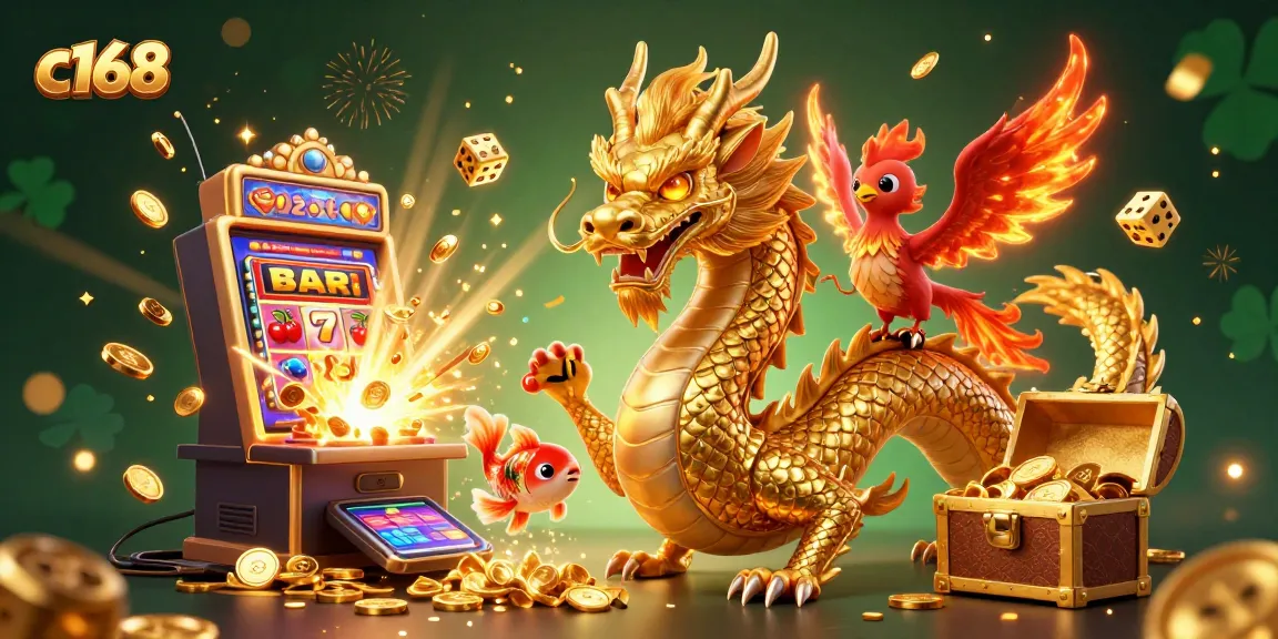 Spin and win with c168 as a golden dragon, phoenix, and koi fish celebrate jackpots amidst a vivid casino scene.